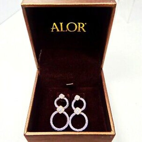 ALOR 18K Gold Stainless Steel Classique Diamond Pave Double Hoop Drop Earrings - Picture 2 of 10